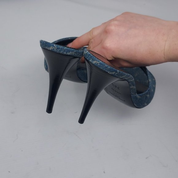 SAINT LAURENT Blue Denim Logo Print La 16 Open Toe Mule Sandal - Picture 10 of 10